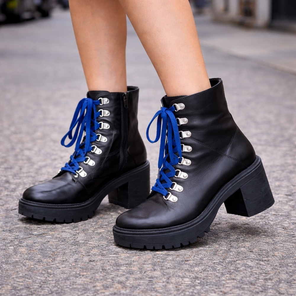STEVE MADDEN RICHIE 9.5 Black Leather Combat Platform Lug Sole Boots